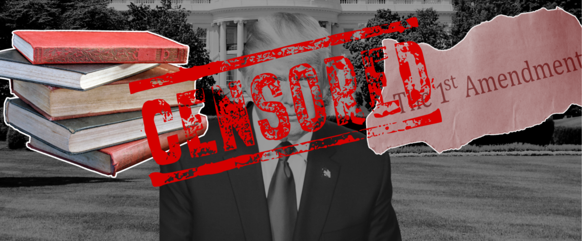 A censored stamp over an image of Donald Trump in front of the white house